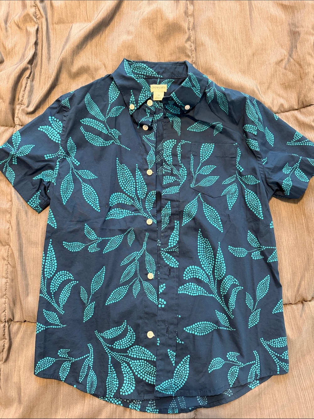 Boys Short-Sleeve Button-Down Shirt Navy with Teal Leaf Print - crew cuts J Crew